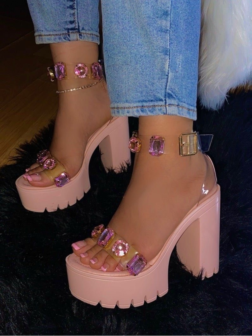 Chase + Chloe Pink Gem Platform Heels with Gold Accent